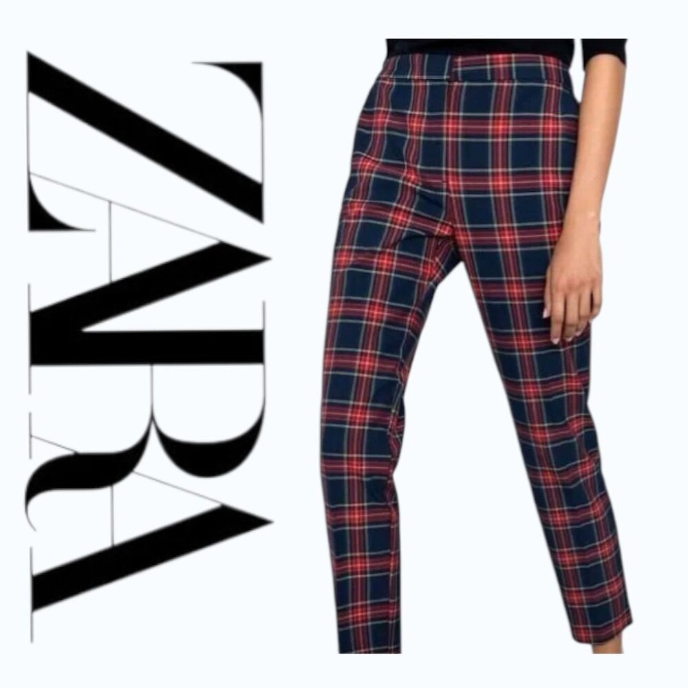 ZARA Navy Blue/Red Tartan Plaid Stretch Ankle Mid-Rise Pants EUC